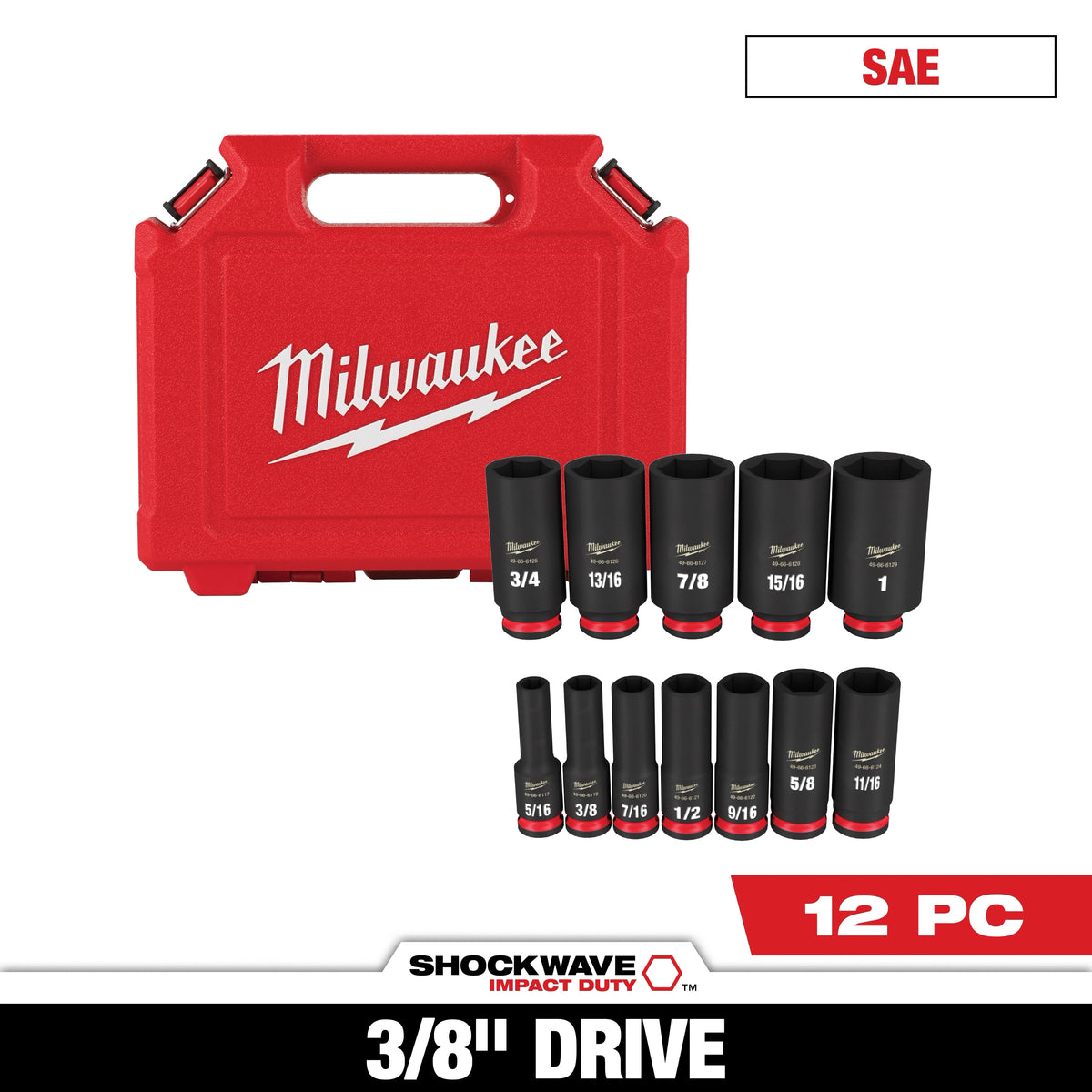 12PC SHOCKWAVE™ Impact Duty 3/8" Drive SAE Deep 6 Point Socket Set