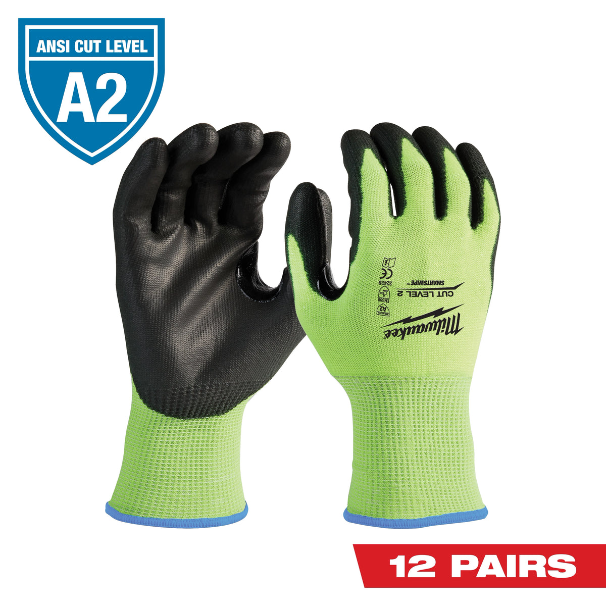 12 Pair High Visibility Cut Level 2 Polyurethane Dipped Gloves