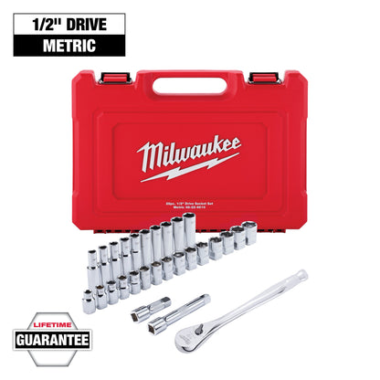 28 pc 1/2" Drive Metric Ratchet and Socket Set with FOUR FLAT™ Sides