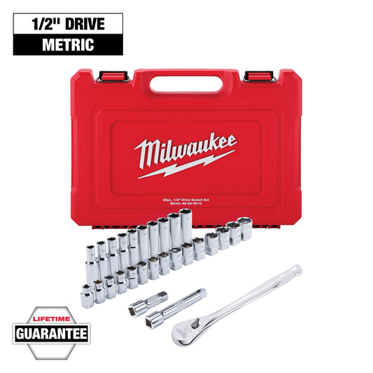 28 pc 1/2" Drive Metric Ratchet and Socket Set with FOUR FLAT™ Sides