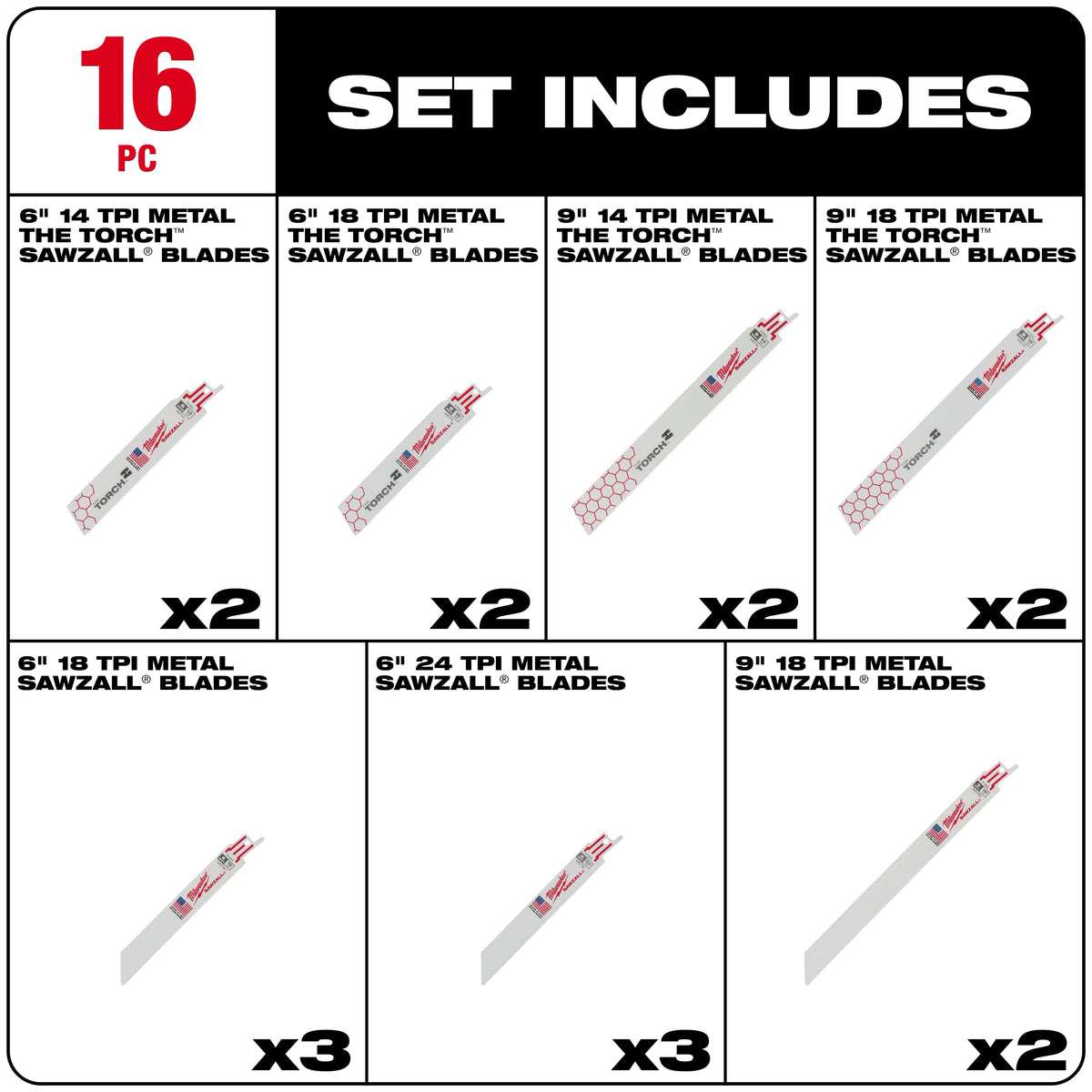 16PC Metal Cutting SAWZALL® Blade Set