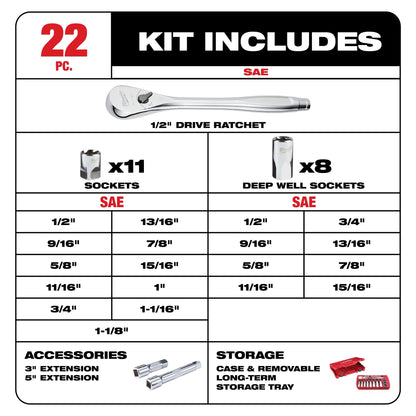 22 pc 1/2" Drive SAE Ratchet and Socket Set with FOUR FLAT™ Sides