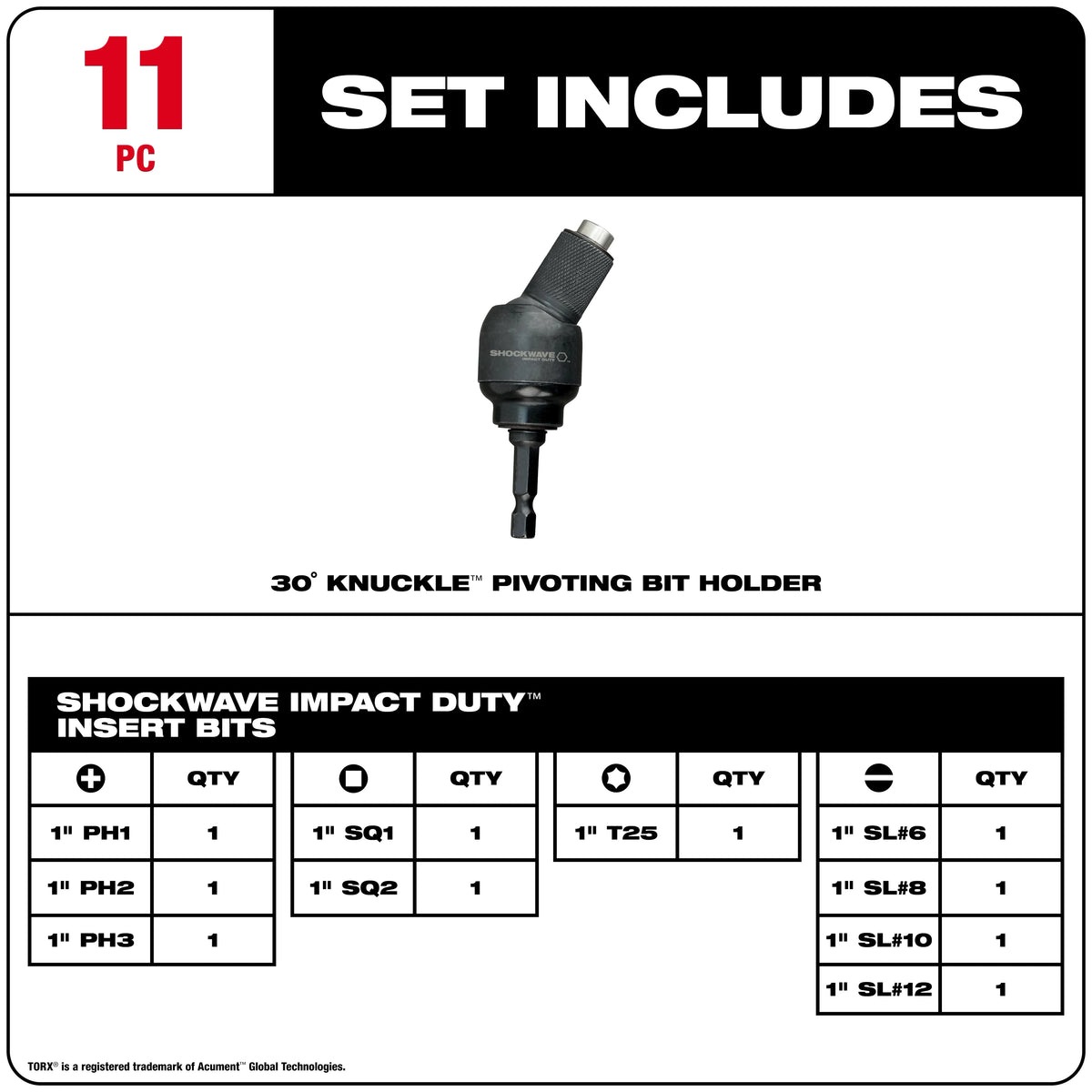 11PC SHOCKWAVE™ 30° KNUCKLE™ Pivoting Bit Holder