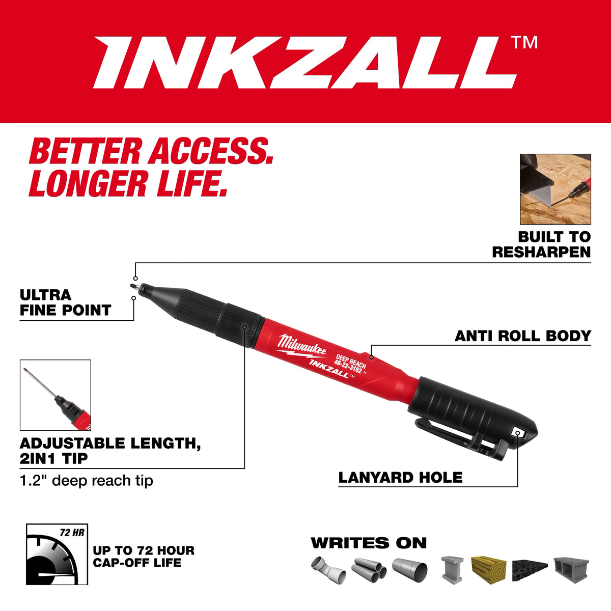 INKZALL™ 2IN1 Deep Reach Ultra Fine Point Black Jobsite Marker